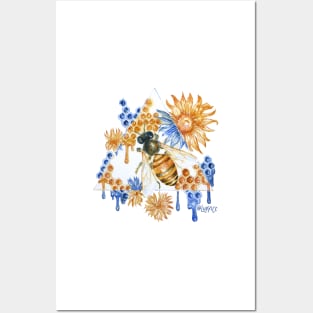 Geometric Gold and Blue Honeybee Posters and Art